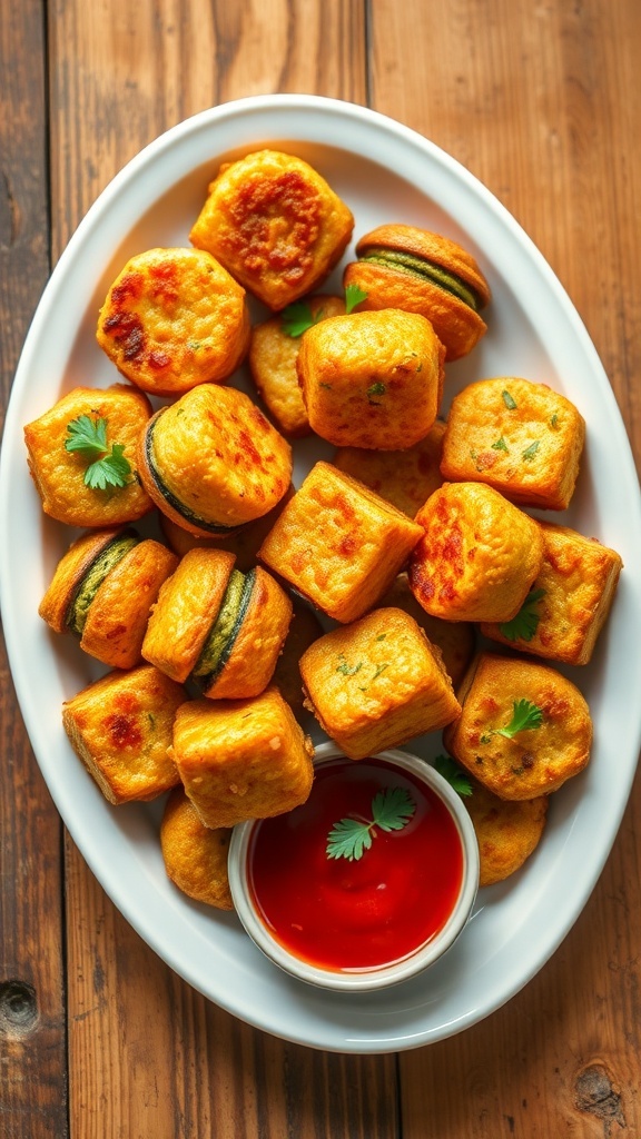 Crispy zucchini garlic bites on a plate with marinara sauce and parsley garnish.